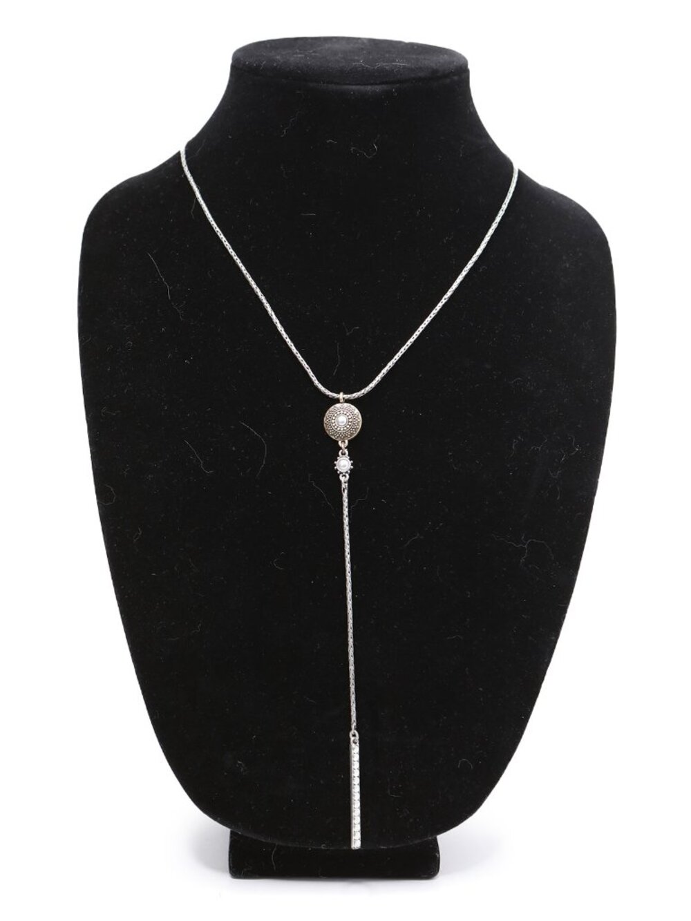 Lucky Brand Two Tone Silver & Gold Y-Shaped Faux Pearl Drop Boho Necklace